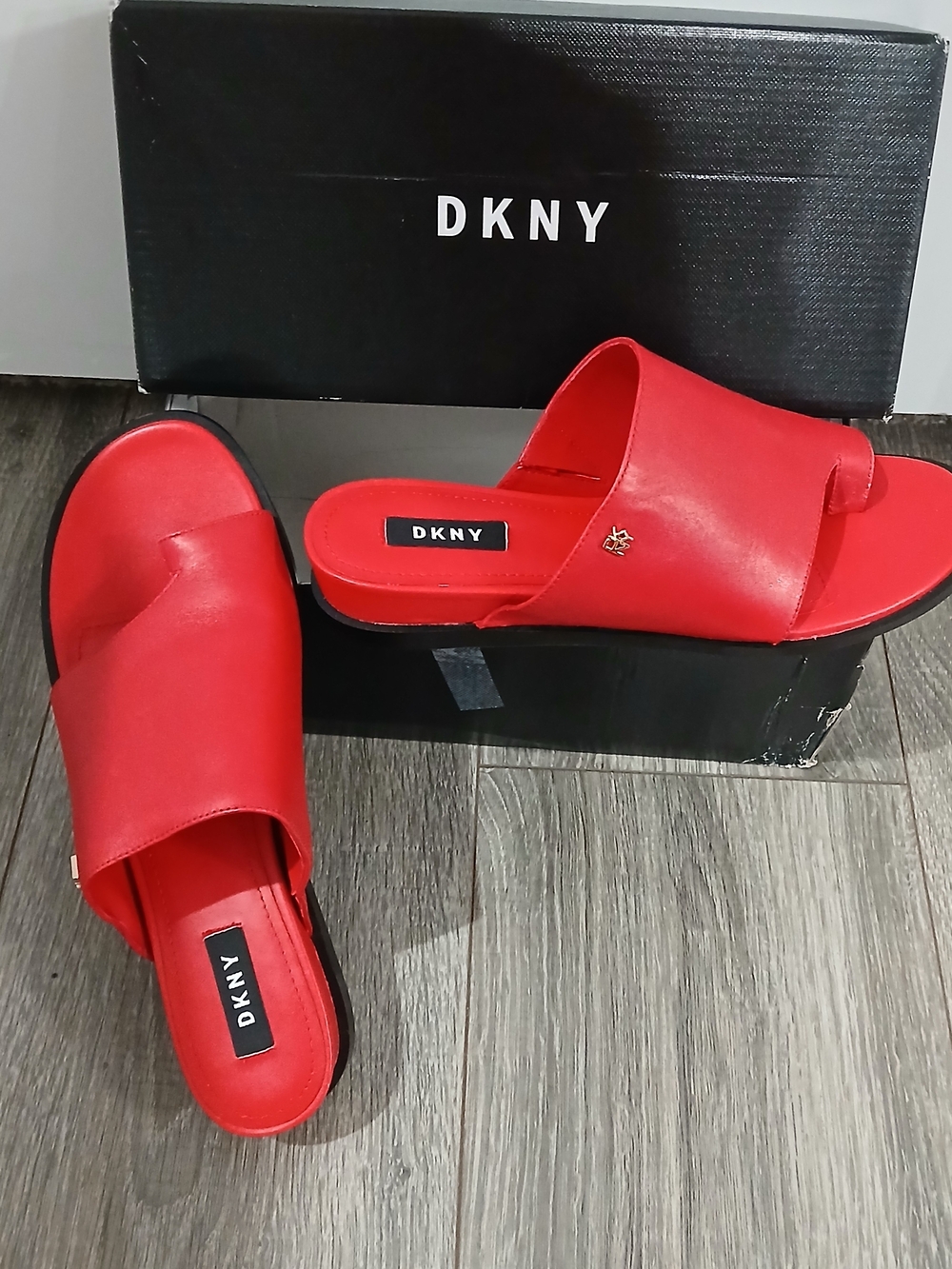 DKNY Red Leather Slide Mules